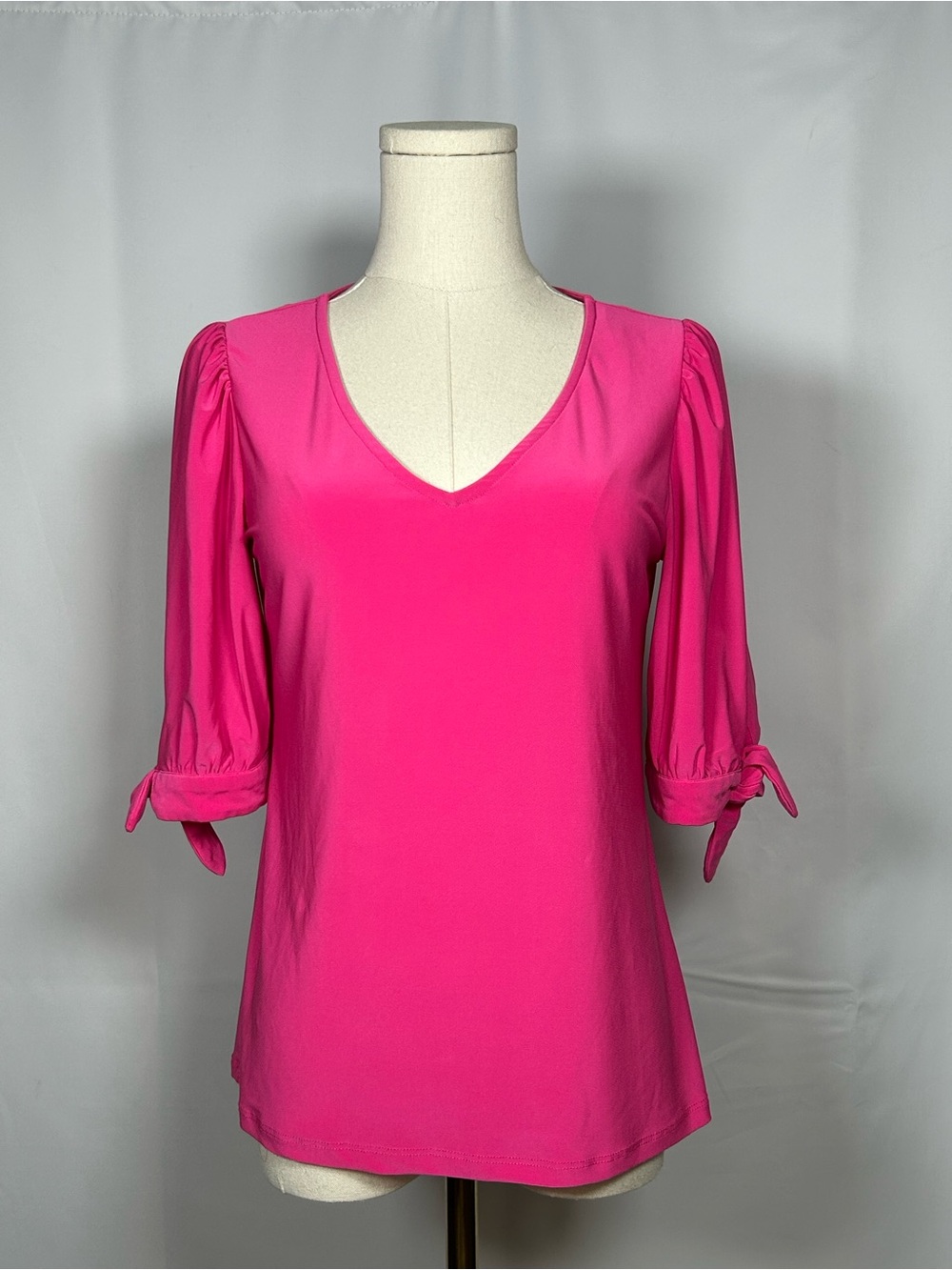 CeCe V-Neck Tie-Cuff Blouse - Hot Pink, Size XS